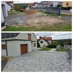 Ma-Pa Projekt - Dwa ujęcia posesji: górne przedstawia teren przygotowany pod prace ziemne z mini koparką i stertami gruzu, dolne ukazuje gotowy podjazd i chodnik z szarej kostki brukowej, dopasowane kolorystycznie...