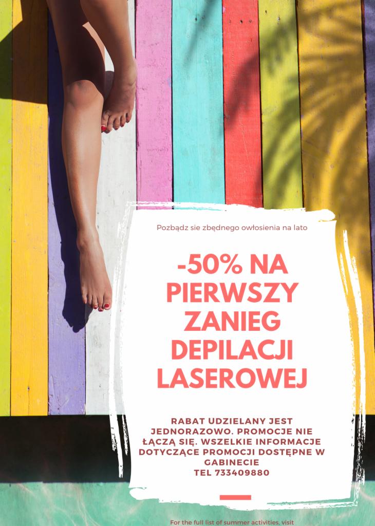 Nogi kobiety z czerwonymi paznokciami na tle kolorowych desek, reklama depilacji laserowej z rabatem 50% na pierwszy zabieg.