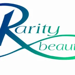 Logo firmy kosmetycznej Rarity Beauty z gradientem od ciemnego niebieskiego do jasnej zieleni na białym tle.