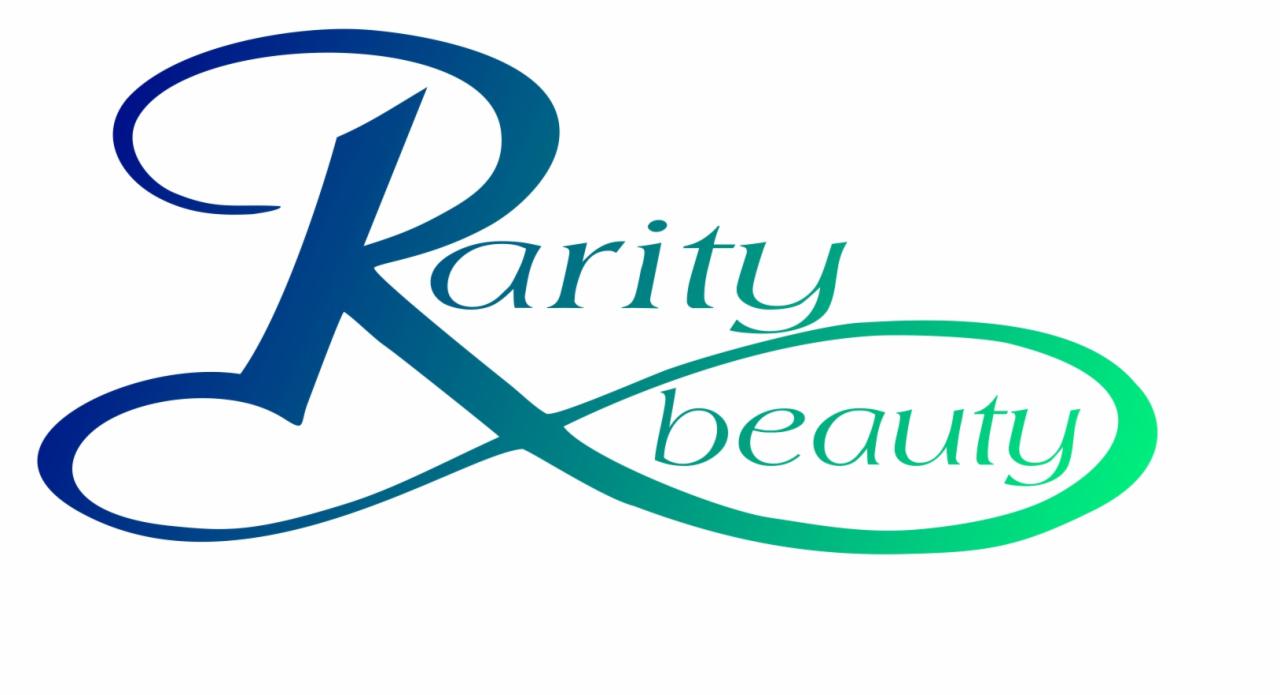 Logo firmy kosmetycznej Rarity Beauty z gradientem od ciemnego niebieskiego do jasnej zieleni na białym tle.