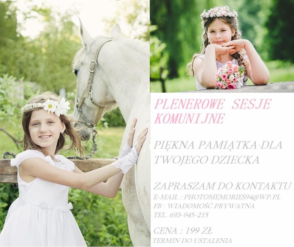 Dziewczynka w białej sukience i wianku z kwiatów pozuje z białym koniem na tle zieleni, u góry widać drugą dziewczynkę z bukietem kwiatów.