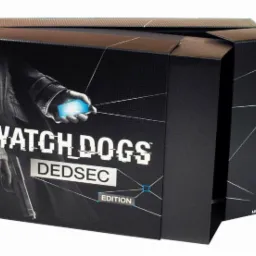 Otwarty, czarny karton z grafiką gry Watch Dogs DedSec Edition, widoczne elementy graficzne postaci z bronią i smartfonem.