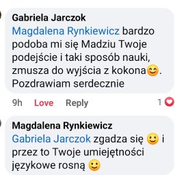 Angielski Premium - Power Progress LTD - Zrzut ekranu z komentarzami na Facebooku, gdzie osoby chwalą podejście i sposób nauki języka angielskiego, podkreślając wzrost umiejętności językowych.