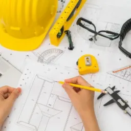 Ręce kreślące plan budynku na papierze, obok laptop, żółty kask, poziomica, okulary ochronne, słuchawki, miara zwijana, kątownik i suwmiarka.