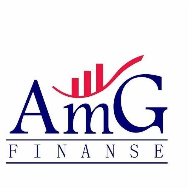 Logo firmy AMG Finanse z stylizowanym wykresem wzrostu w kolorze czerwonym nad literami AmG.