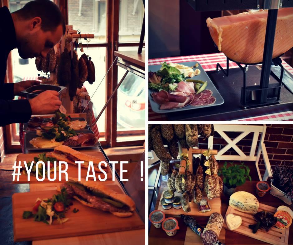 Kompozycja z różnych ujęć prezentująca przygotowywane i serwowane wędliny, sery i kanapki w lokalu z napisem #YOUR TASTE.