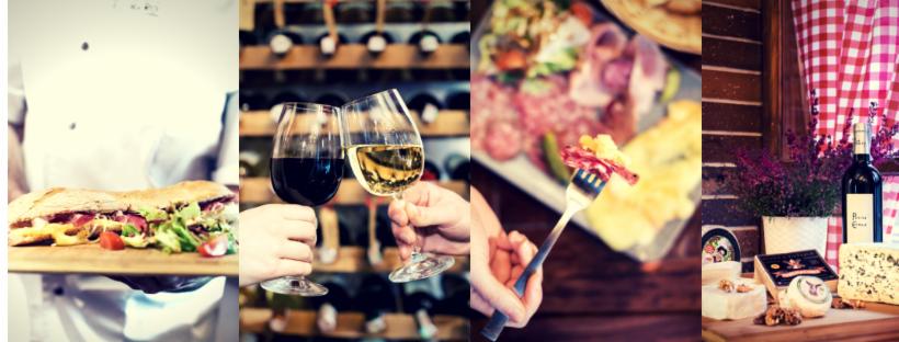 Kolaż czterech ujęć: kelner trzyma kanapkę na desce, dwie osoby stukają się kieliszkami czerwonego i białego wina, widelec z serem i wędliną na tle talerza z przekąskami, butelka wina i sery...