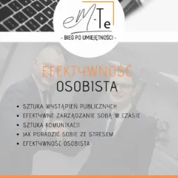 Grafika reklamowa firmy z Lublina oferującej szkolenia z zakresu efektywności osobistej, sztuki komunikacji i zarządzania stresem. Widoczny fragment klawiatury laptopa, logo firmy i sylwetki dwóch...