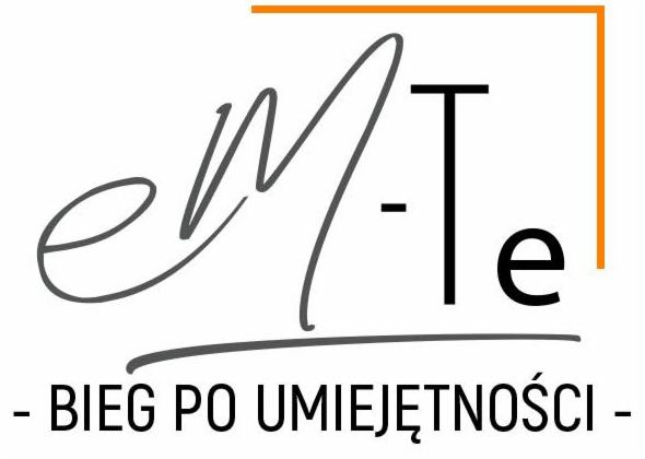 Logo firmy z nazwą 'eM-Te' stylizowane na odręczny podpis, pod spodem hasło '- BIEG PO UMIEJĘTNOŚCI -', w prawym górnym rogu pomarańczowy kwadrat bez wypełnienia.