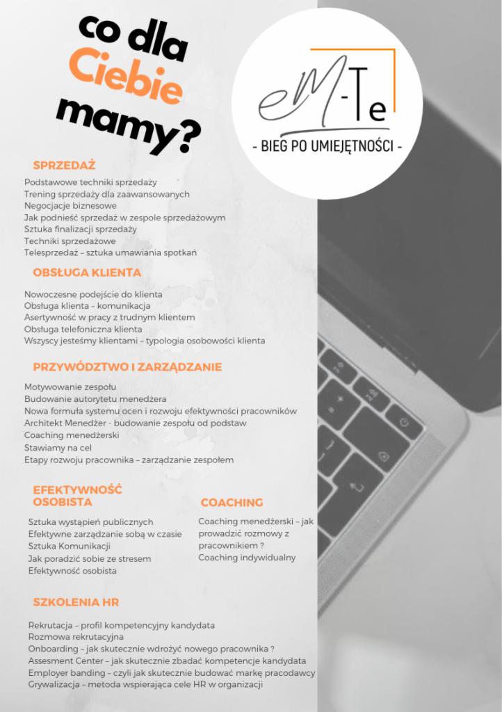 Grafika reklamowa z ofertą szkoleń z zakresu sprzedaży, obsługi klienta, przywództwa, efektywności osobistej, coachingu i HR, umieszczona obok laptopa.