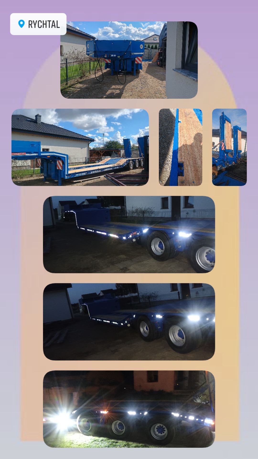 Niebieska, niskopodwoziowa przyczepa z odblaskami, widoczna w różnych ujęciach, w tym nocnych z włączonymi światłami. Przyczepa stoi na posesji.