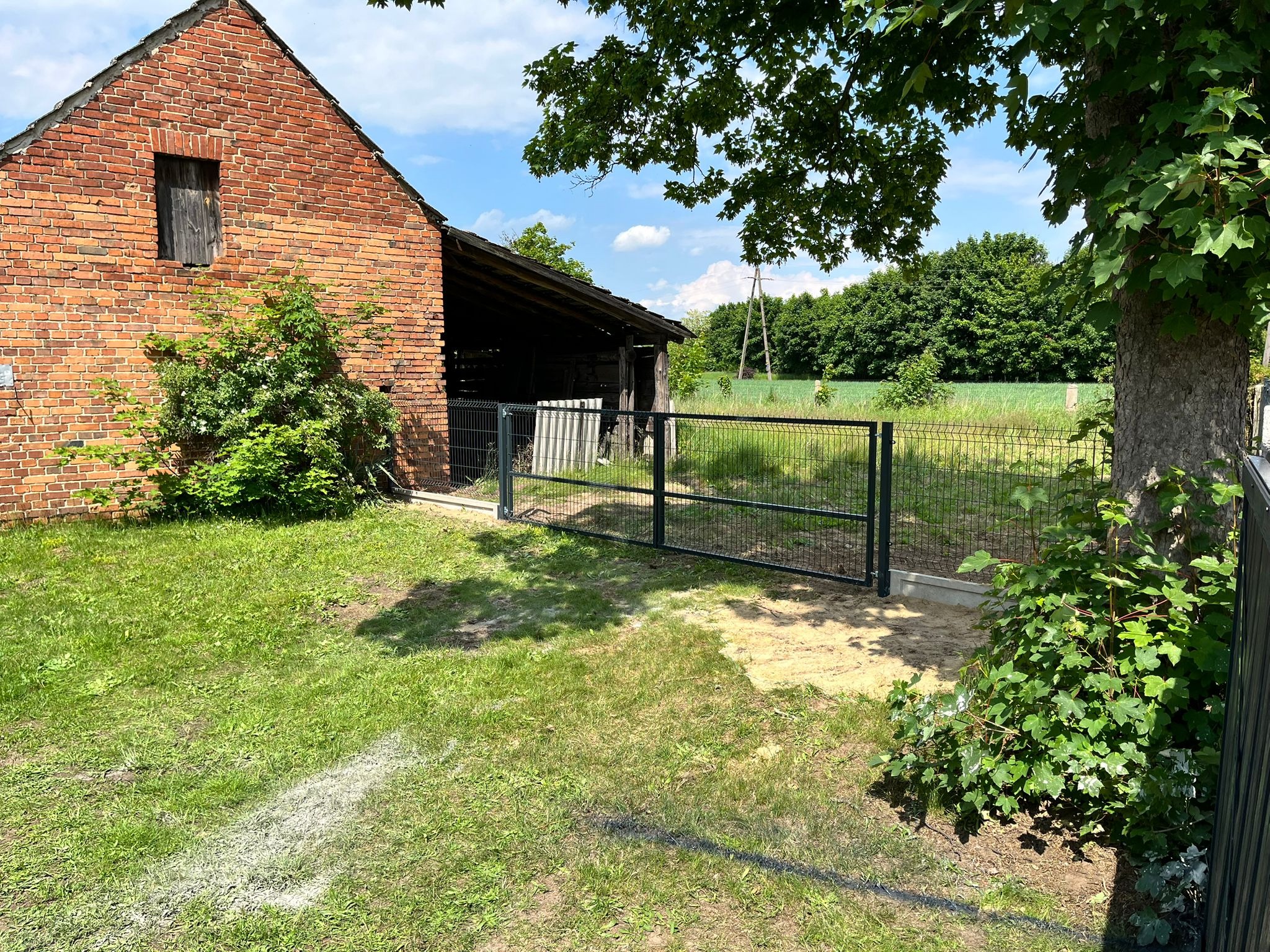 Nowoczesne, panelowe ogrodzenie z metalowej siatki, oddzielające posesję z ceglanym budynkiem gospodarczym od łąki z drzewami w tle, w słoneczny dzień.