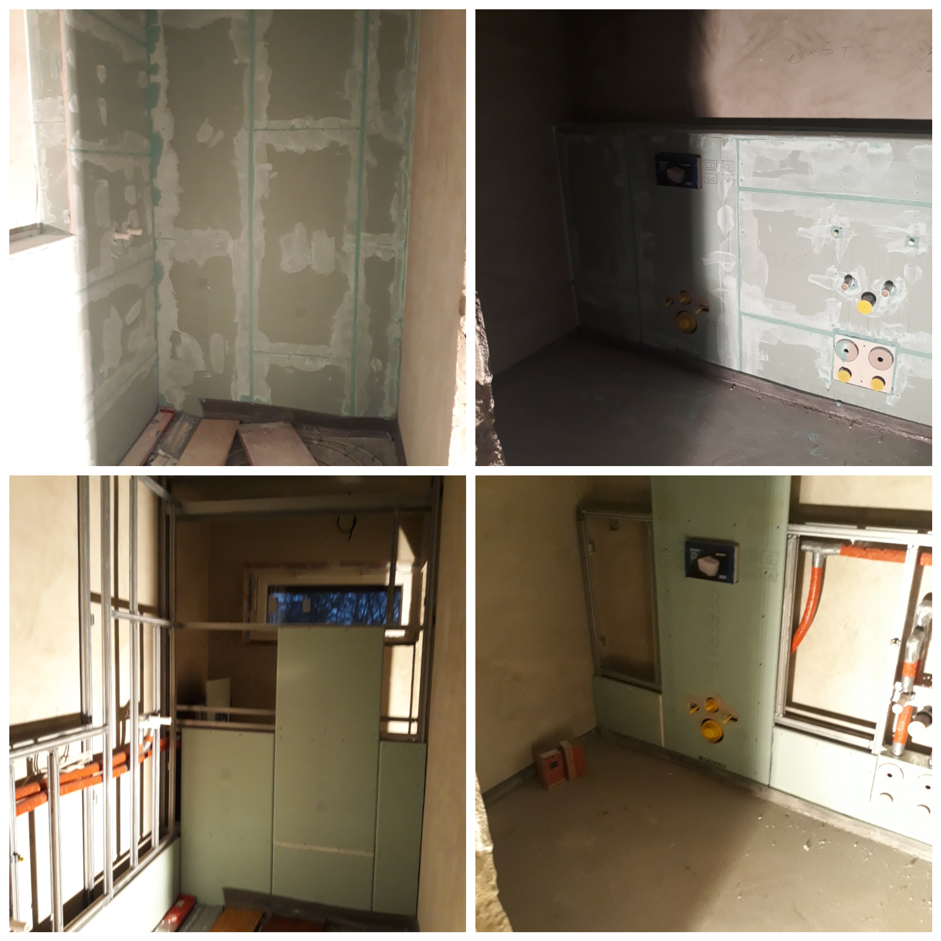 Cztery kadry z remontu łazienki: montaż płyty karton-gips na stelażu, widoczne instalacje wodno-kanalizacyjne, przygotowanie do położenia płytek.