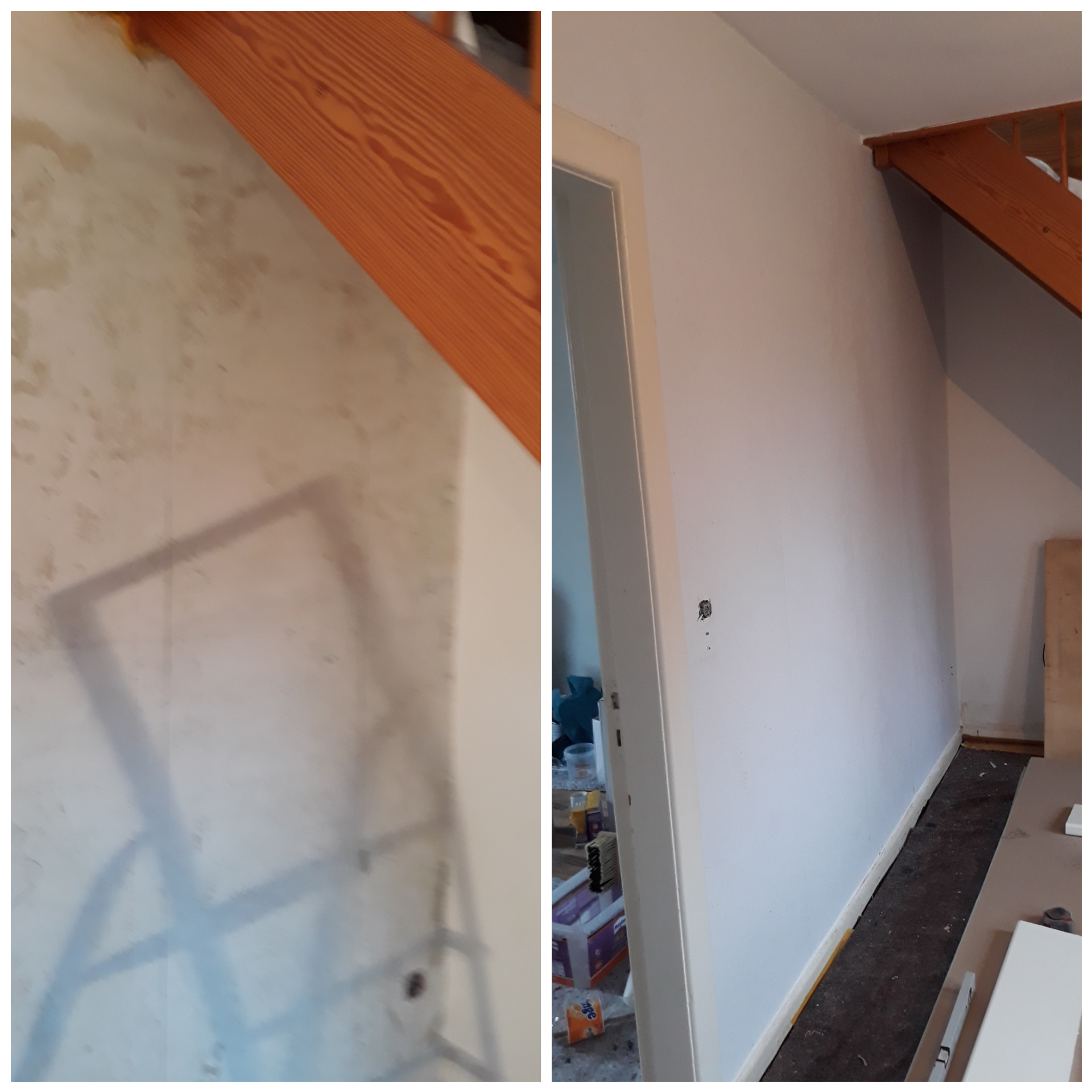 Zdjęcie przedstawia porównanie ściany przed i po pracach wykończeniowych na poddaszu: po lewej surowa ściana z widocznymi niedoskonałościami i śladami po rusztowaniu, po prawej gładka, pomalowana...