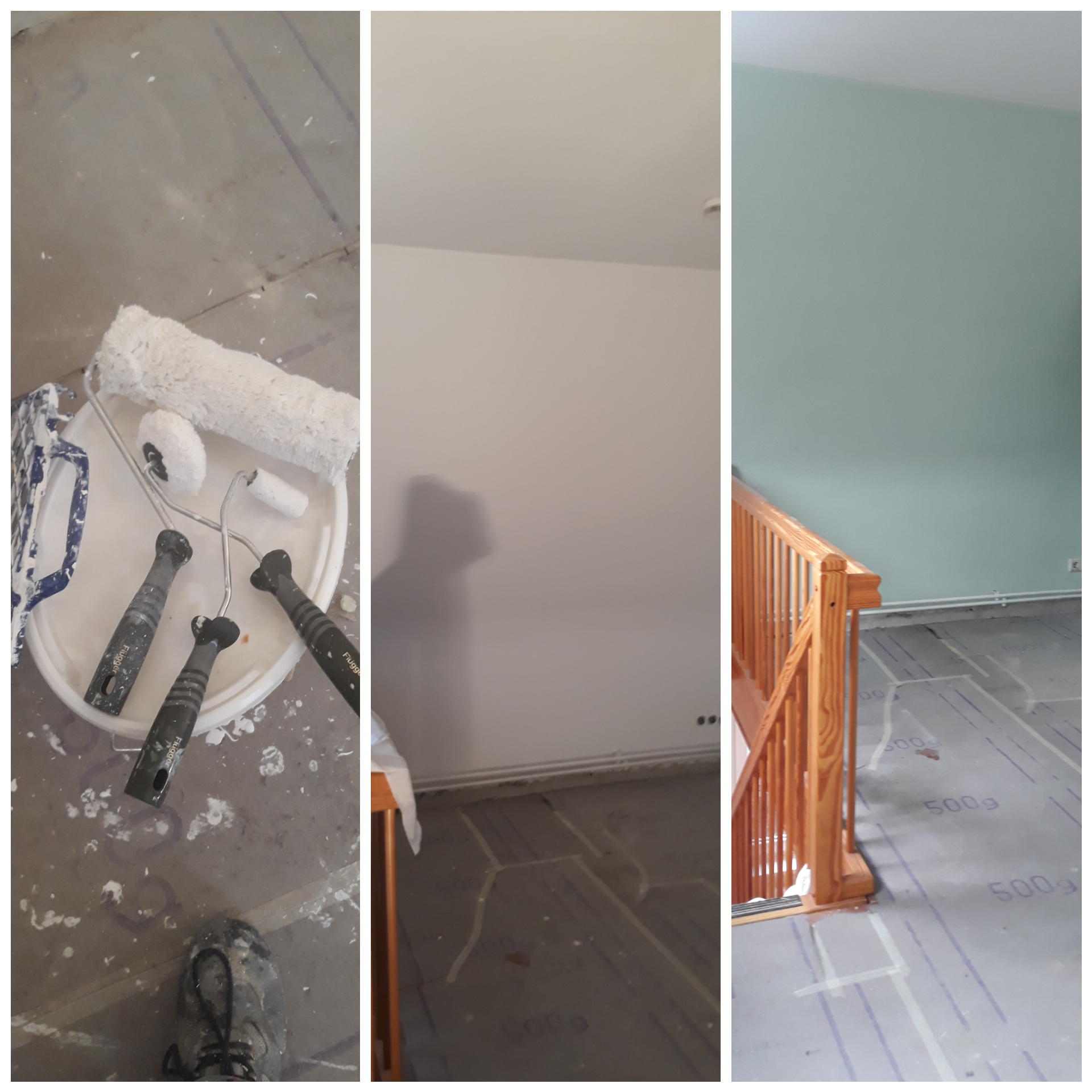 Wnętrze w trakcie malowania: Wiadro z wałkami malarskimi Flűgger na podłodze z folią ochronną, ściany częściowo pomalowane na biało i pistacjowo, widoczna drewniana balustrada.