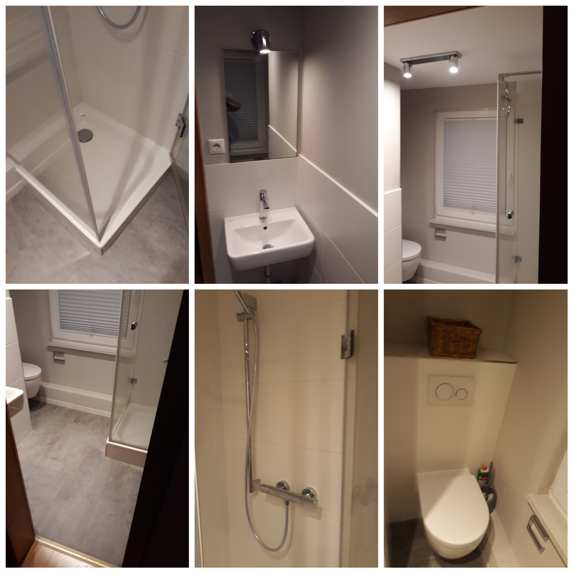 Nowoczesna łazienka z kabiną prysznicową, umywalką, toaletą i szarą podłogą, oświetlona punktowymi lampami sufitowymi.