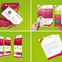 Zestaw materiałów identyfikacji wizualnej firmy FizjoStrong: wizytówki, ulotki, roll-upy i papier firmowy na zielonym tle.