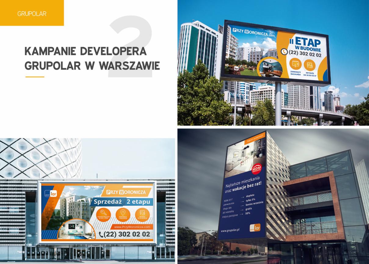 Zestawienie czterech ujęć kampanii reklamowej dewelopera Grupolar w Warszawie: billboardy z wizualizacjami osiedli mieszkaniowych w przestrzeni miejskiej i na elewacji budynków.