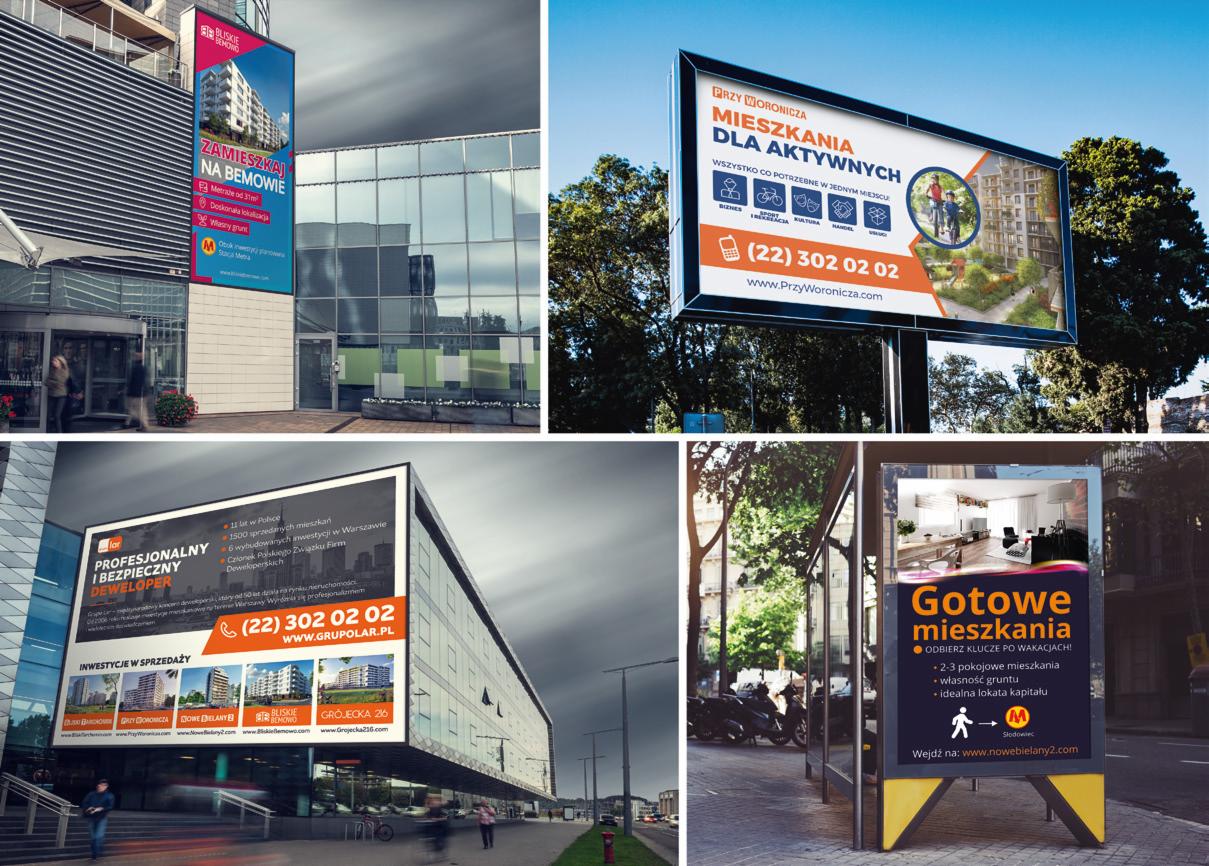 Zestaw czterech zdjęć przedstawiających reklamy zewnętrzne mieszkań: baner na budynku, billboard przy drodze, tablica reklamowa przy budynku i reklama na przystanku autobusowym.