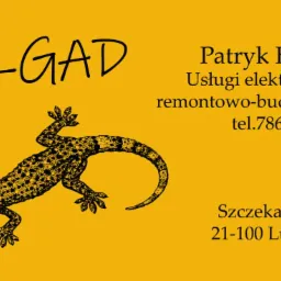 Żółte tło z czarnym logo firmy ELGAD, przedstawiającym stylizowaną jaszczurkę i dane kontaktowe: Patryk Hunek, usługi elektryczne i remontowo-budowlane, numer telefonu i adres.