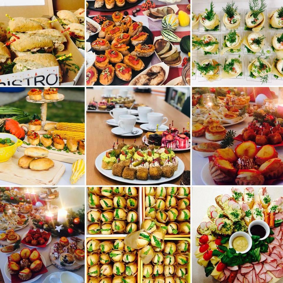 Kolaż z dziewięciu zdjęć przedstawiających różnorodne przekąski i dania cateringowe, w tym kanapki, tartinki, roladki z łososiem, koreczki, mini burgery i desery, ułożone na stołach i tacach.
