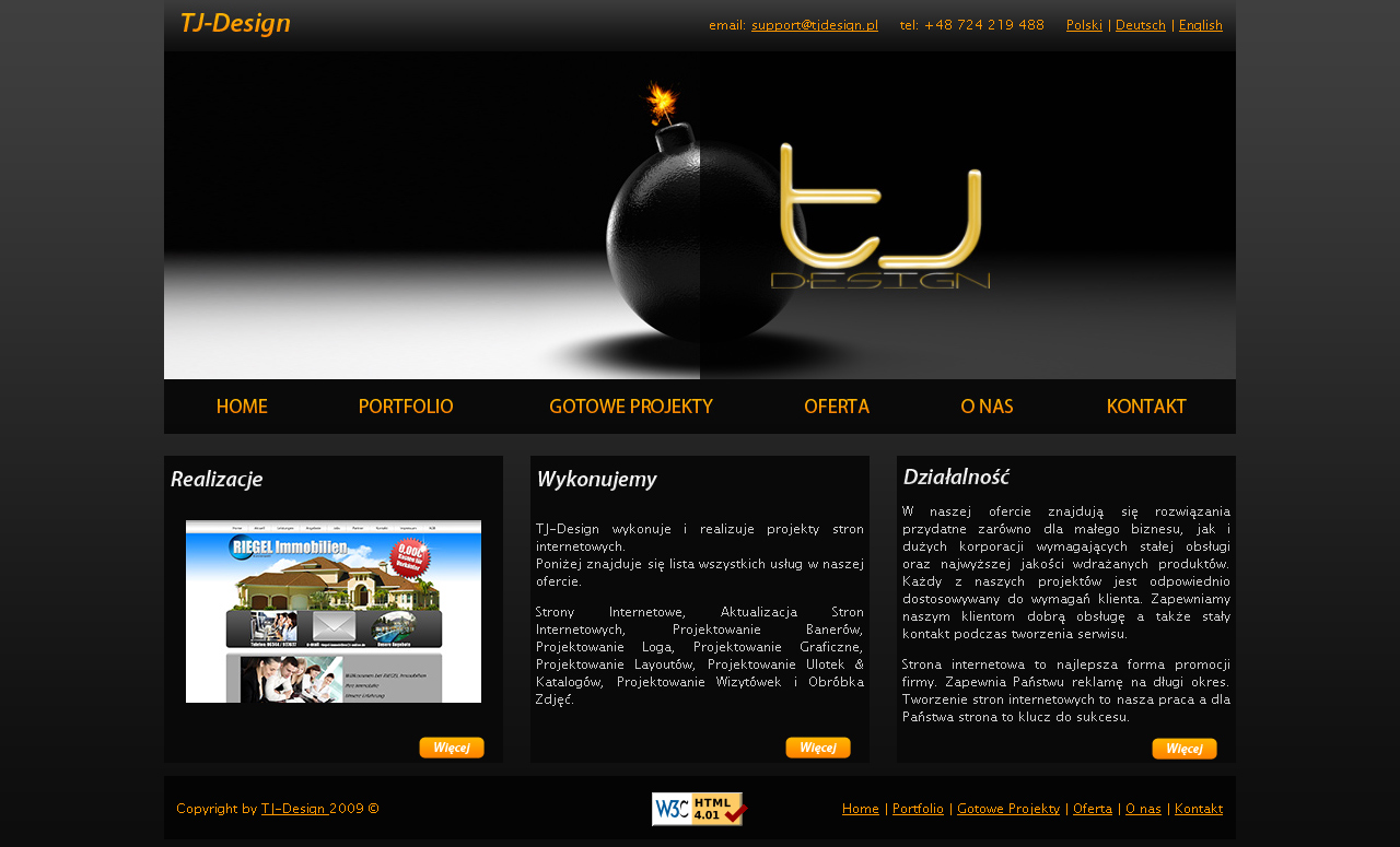 Strona internetowa firmy TJ-Design z logiem w formie czarnej bomby z lontem, prezentująca ofertę tworzenia stron i szablonów internetowych.