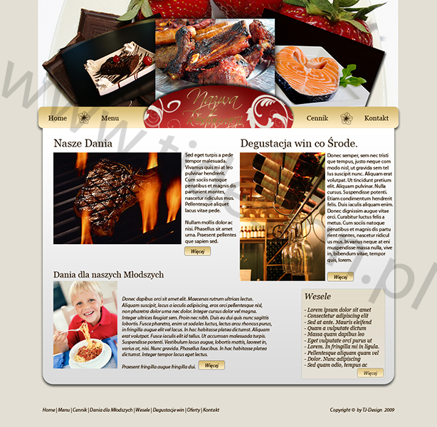 Projekt strony internetowej restauracji z sekcjami: Nasze Dania, Degustacja win co Środę, Dania dla naszych Młodszych i Wesele, zawierająca zdjęcia potraw, wina i uśmiechniętego dziecka.