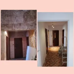 Korytarz w trakcie remontu: po lewej stan przed, z odpadającą tapetą i resztkami starej farby, po prawej korytarz po malowaniu na biało, z widoczną drabiną i odnowioną podłogą.