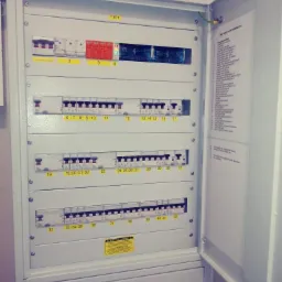 Otwarta skrzynka elektryczna z bezpiecznikami i numerowanymi wyłącznikami, widoczna tabliczka ostrzegawcza.