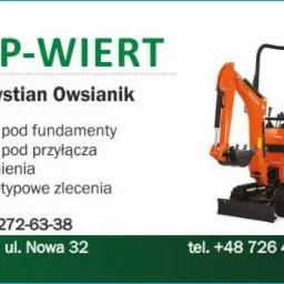 Reklama firmy KOP-WIERT z pomarańczową mini koparką Kubota, oferującej wykopy pod fundamenty, przyłącza, odwodnienia i inne nietypowe zlecenia.