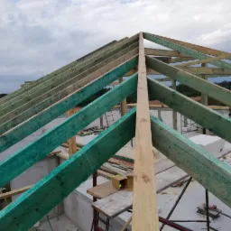 Surowa więźba dachowa z impregnowanego drewna w kolorze zielonym, widok od dołu na tle pochmurnego nieba, fragment muru z białych bloczków.