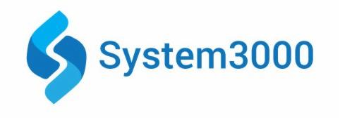 Niebieskie logo System3000 z abstrakcyjnym symbolem po lewej stronie, przypominającym stylizowaną literę S.