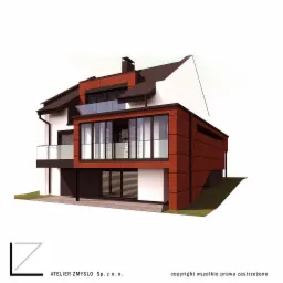 Wizualizacja dwukondygnacyjnego domu z płaskim dachem, elewacją z paneli w odcieniach brązu i dużymi oknami balkonowymi.