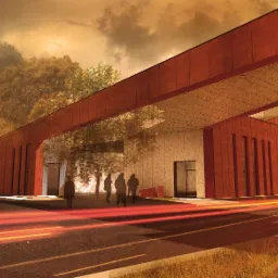 Wizualizacja budynku usługowego z elewacją z paneli w odcieniach rdzy, zadaszenie nad wejściem, sylwetki osób i rozmyte światła przejeżdżających samochodów na pierwszym planie.