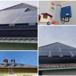 Safety House - Montaż paneli fotowoltaicznych na dachu domu z wykorzystaniem drabiny, widoczny falownik na ścianie wewnątrz budynku oraz instalacja elektryczna.