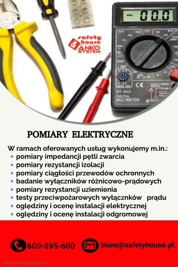 Multimetr cyfrowy DT-832, śrubokręty, kombinerki i złączki elektryczne na plakacie reklamowym z ofertą pomiarów elektrycznych w Głogowie.