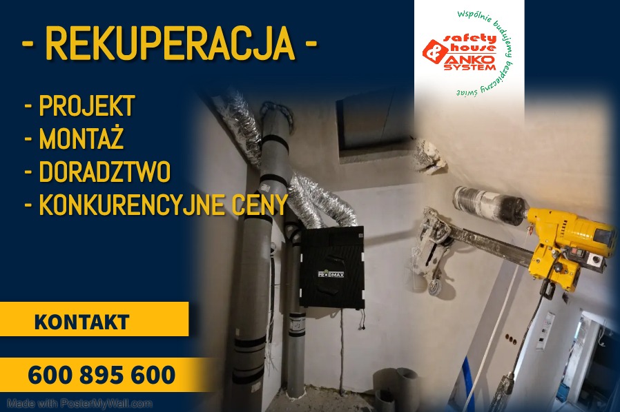 Grafika reklamowa prezentująca system rekuperacji w trakcie montażu, widoczne rury wentylacyjne, centrala rekuperacyjna PRODMAX oraz wiertnica do wykonywania otworów w ścianie.