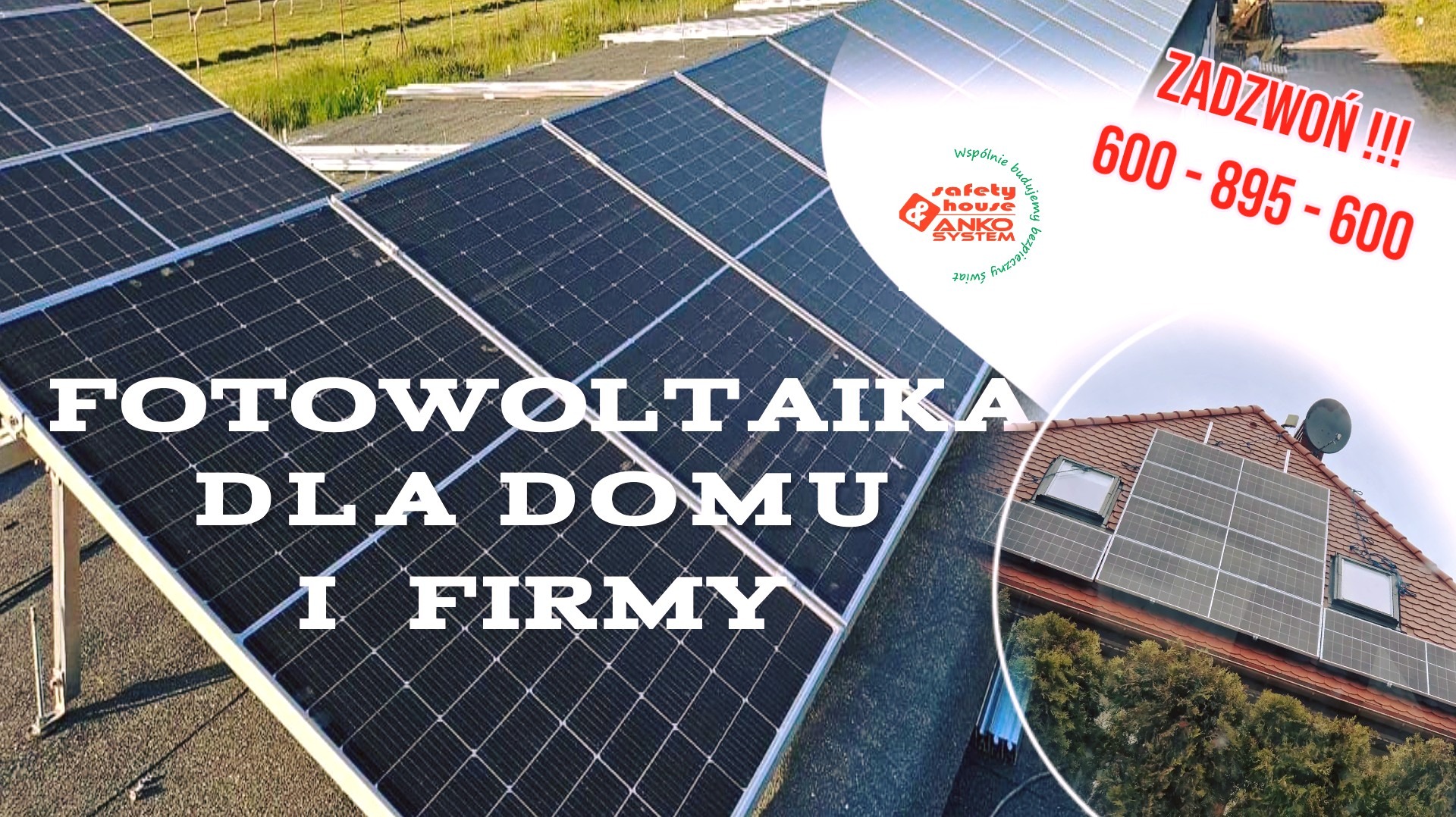 Panele fotowoltaiczne na dachu budynku z bliska, w tle widoczne kolejne instalacje i logo firmy z numerem telefonu.