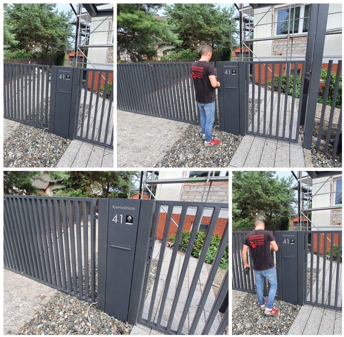 Nowoczesna, grafitowa brama posesji z numerem domu '41' i skrzynką na listy, zamontowana na tle częściowo wykończonego budynku i zieleni. Mężczyzna w jeansach i czarnej koszulce z logo firmy...