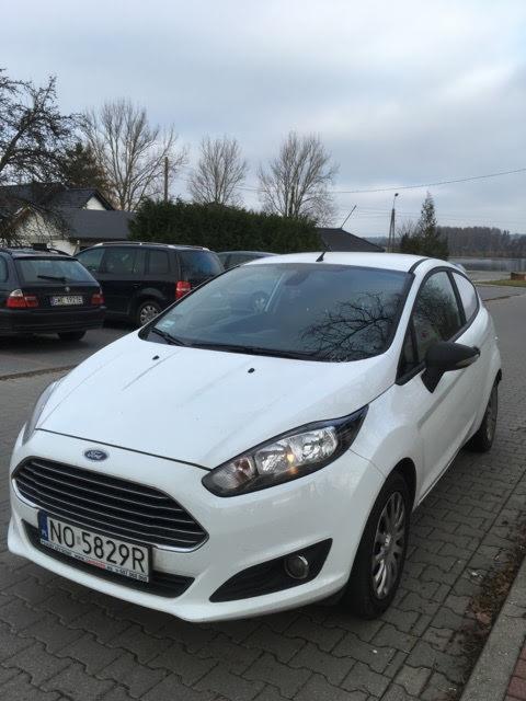 Biały Ford Fiesta zaparkowany na brukowanej ulicy, widok z przodu na tle pochmurnego nieba.