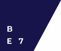 Abstrakcyjne logo w kolorze granatowym z białymi literami B i E oraz cyfrą 7, z białym trójkątem w prawym górnym rogu.