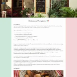 Zrzut ekranu strony internetowej restauracji włoskiej z widocznym wejściem do lokalu, tablicą menu i koszykiem pieczywa.