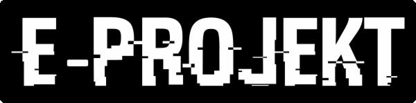 Logo firmy E-Projekt w czarno-białej kolorystyce z efektem glitch art.