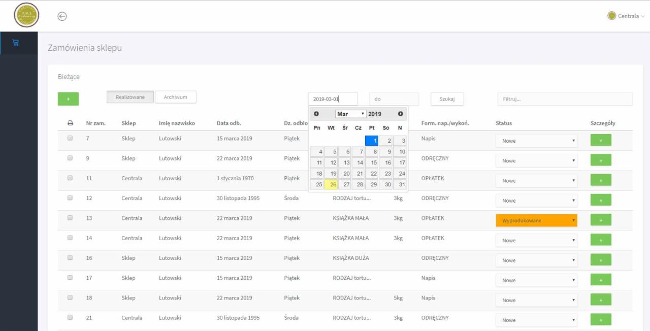 Panel administracyjny sklepu internetowego z listą zamówień, filtrowaniem po dacie, statusie i formacie wykonania.