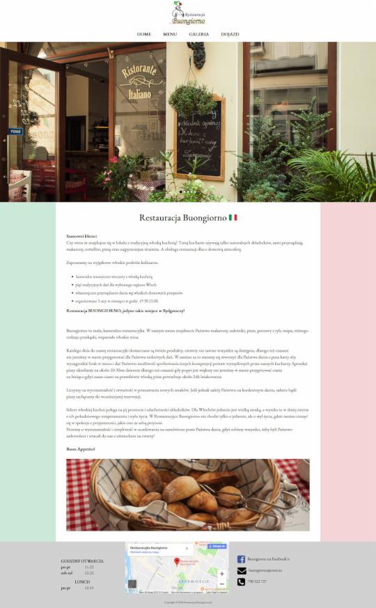 Zrzut ekranu strony internetowej restauracji włoskiej z widocznym wejściem do lokalu, tablicą menu i koszykiem pieczywa.