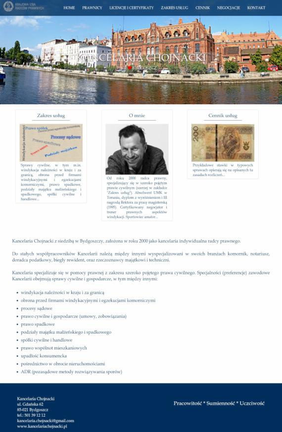 Strona internetowa kancelarii prawnej Chojnacki z widokiem na budynek w Bydgoszczy i rzekę Brdę w tle.