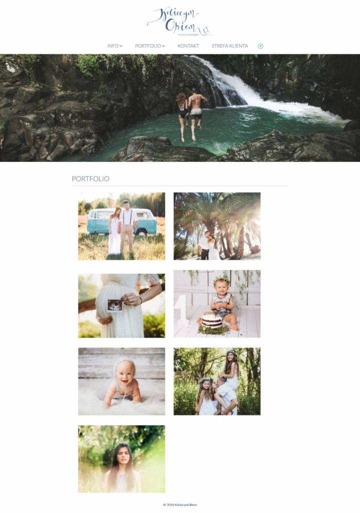 Układ strony internetowej fotografa z nagłówkiem, menu i galerią zdjęć, w tym zdjęcie pary skaczącej do wodospadu.