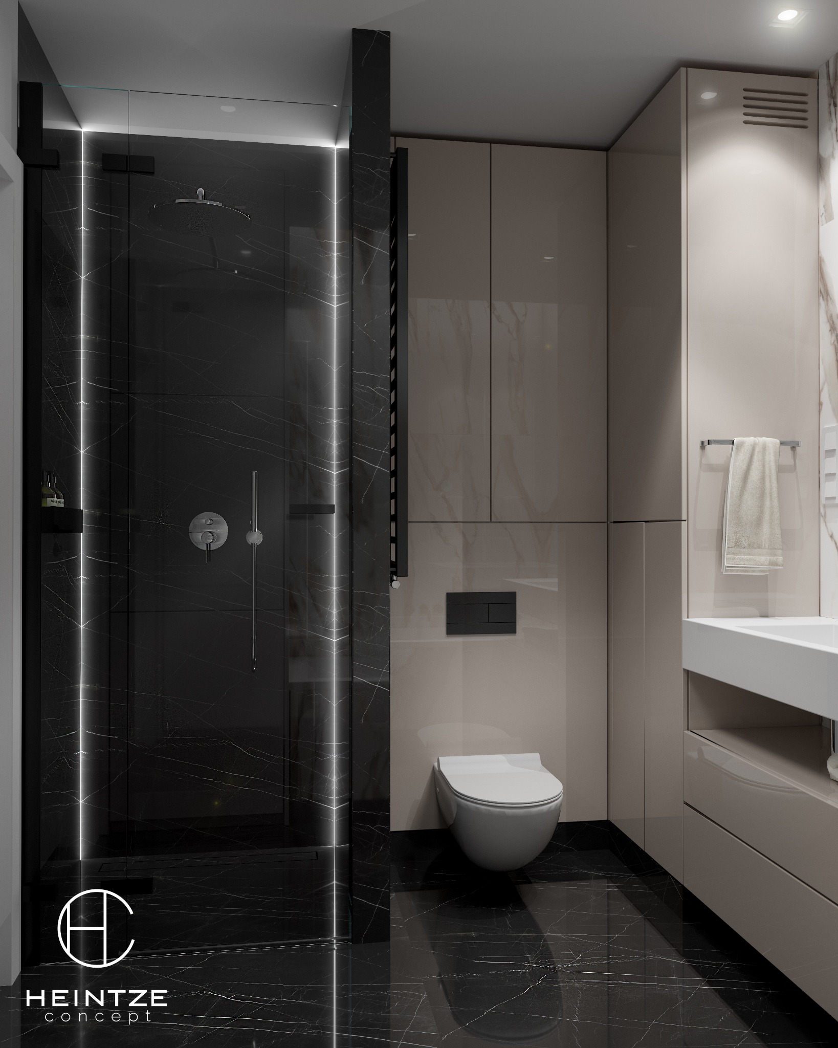 Nowoczesna łazienka z czarną kabiną prysznicową z marmuru, podświetlanymi krawędziami, beżowymi szafkami i wiszącą toaletą. Na podłodze czarny marmur. Widoczne logo firmy w rogu.