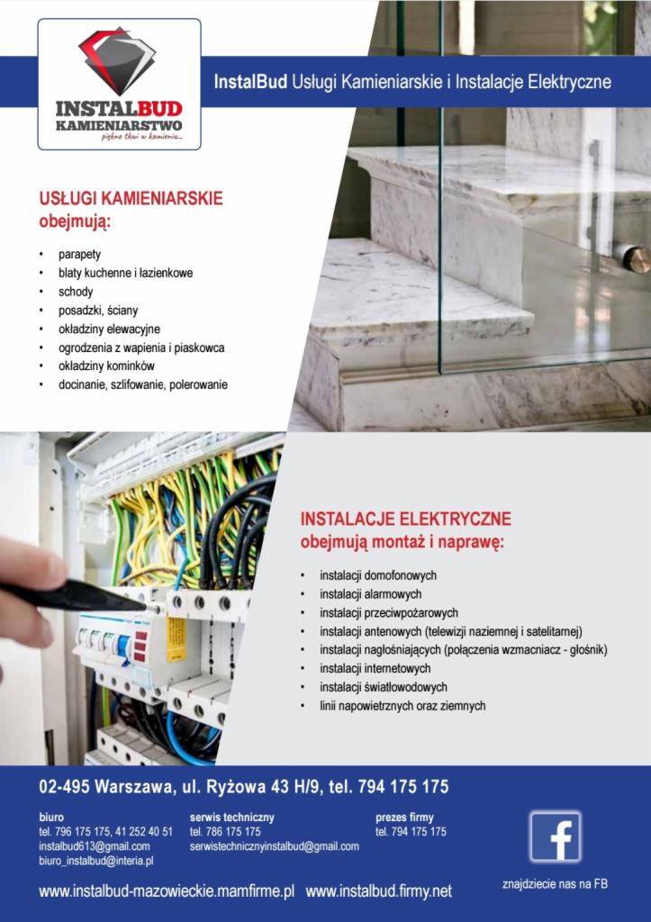 Grafika reklamowa firmy InstalBud prezentująca marmurowe schody z szklaną balustradą oraz schemat instalacji elektrycznej z ręką elektryka przy skrzynce bezpieczników.