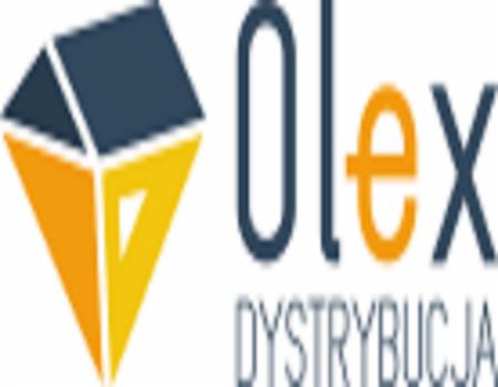 Logo firmy Olex Dystrybucja, prezentujące geometryczny symbol w odcieniach niebieskiego i żółtego, obok nazwy firmy.
